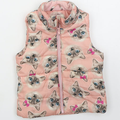 H&M Girls Pink   Gilet Coat Size 3 Years  Zip - Cats