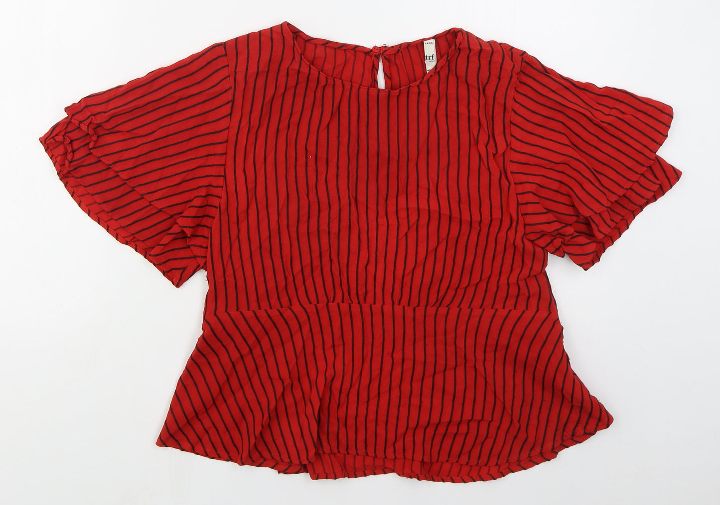 Zara Womens Red Striped Viscose Basic Blouse Size L Round Neck