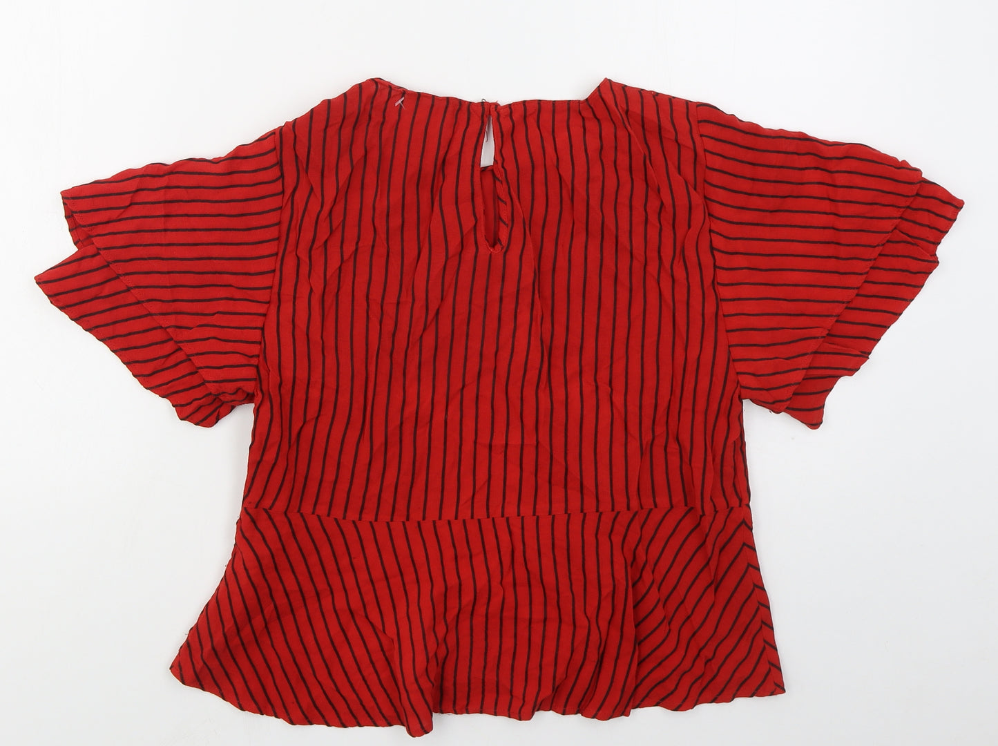 Zara Womens Red Striped Viscose Basic Blouse Size L Round Neck