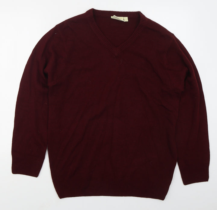 Chums Mens Red V-Neck Acrylic Pullover Jumper Size S - Burgundy