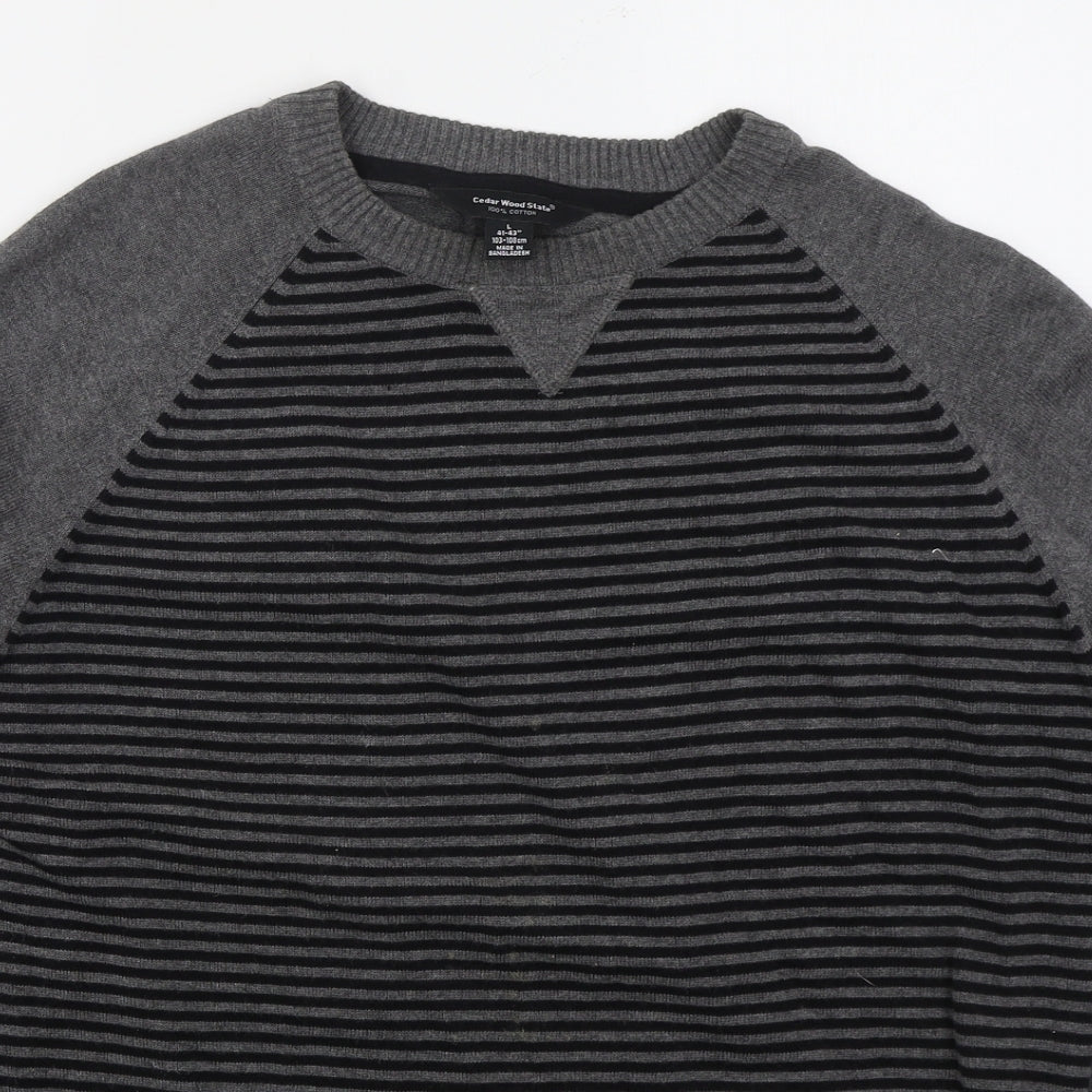Cedar Wood State Mens Grey Crew Neck Striped Cotton Pullover Jumper Size L