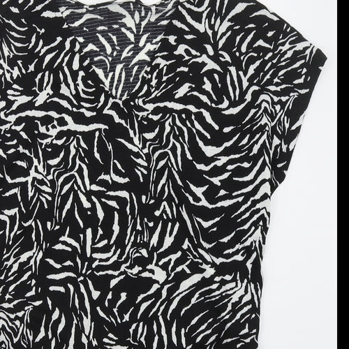 F&F Womens Black Animal Print Polyester Basic T-Shirt Size 10 V-Neck