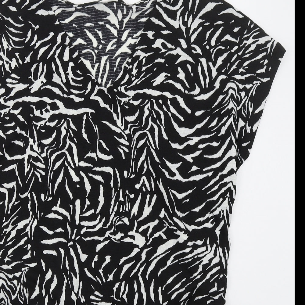 F&F Womens Black Animal Print Polyester Basic T-Shirt Size 10 V-Neck