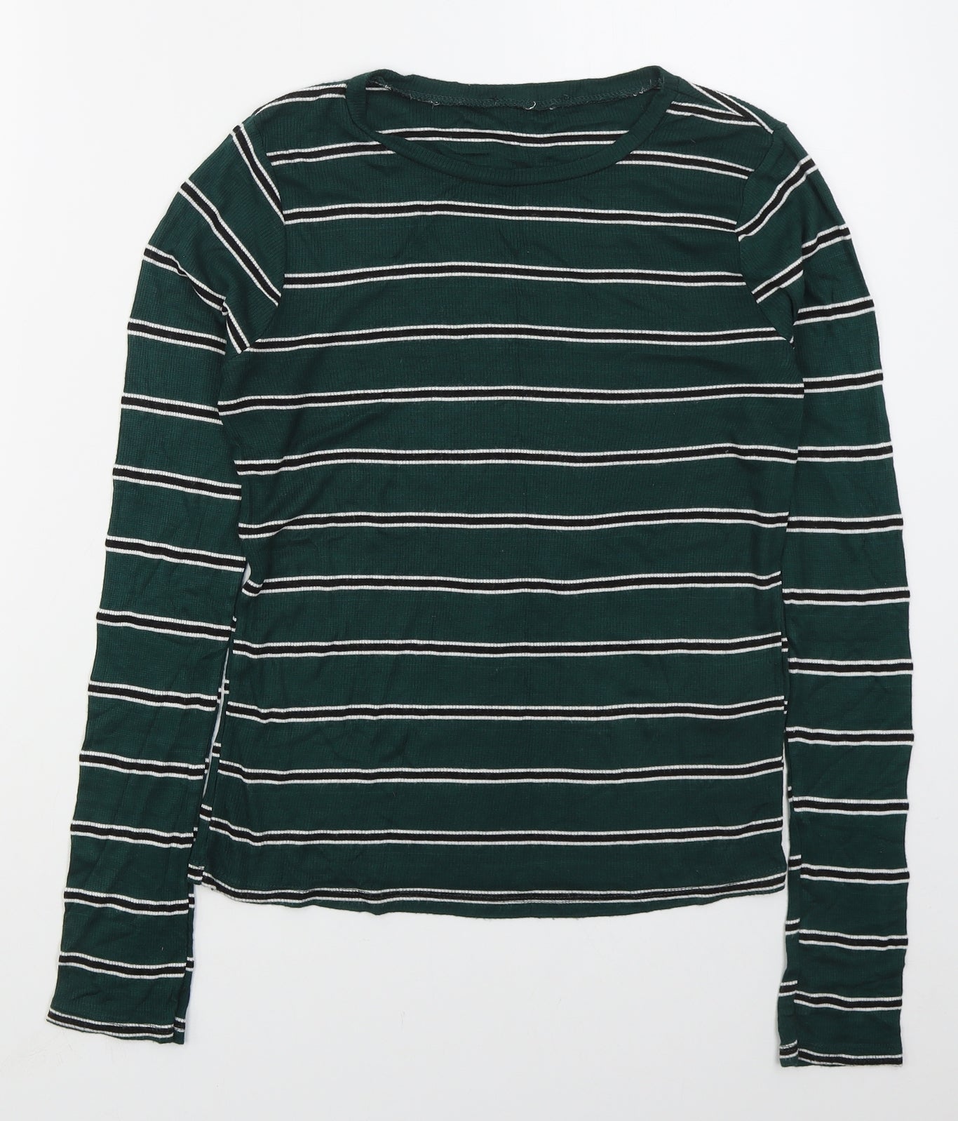 New Look Womens Green Striped Viscose Basic T-Shirt Size 14 Crew Neck
