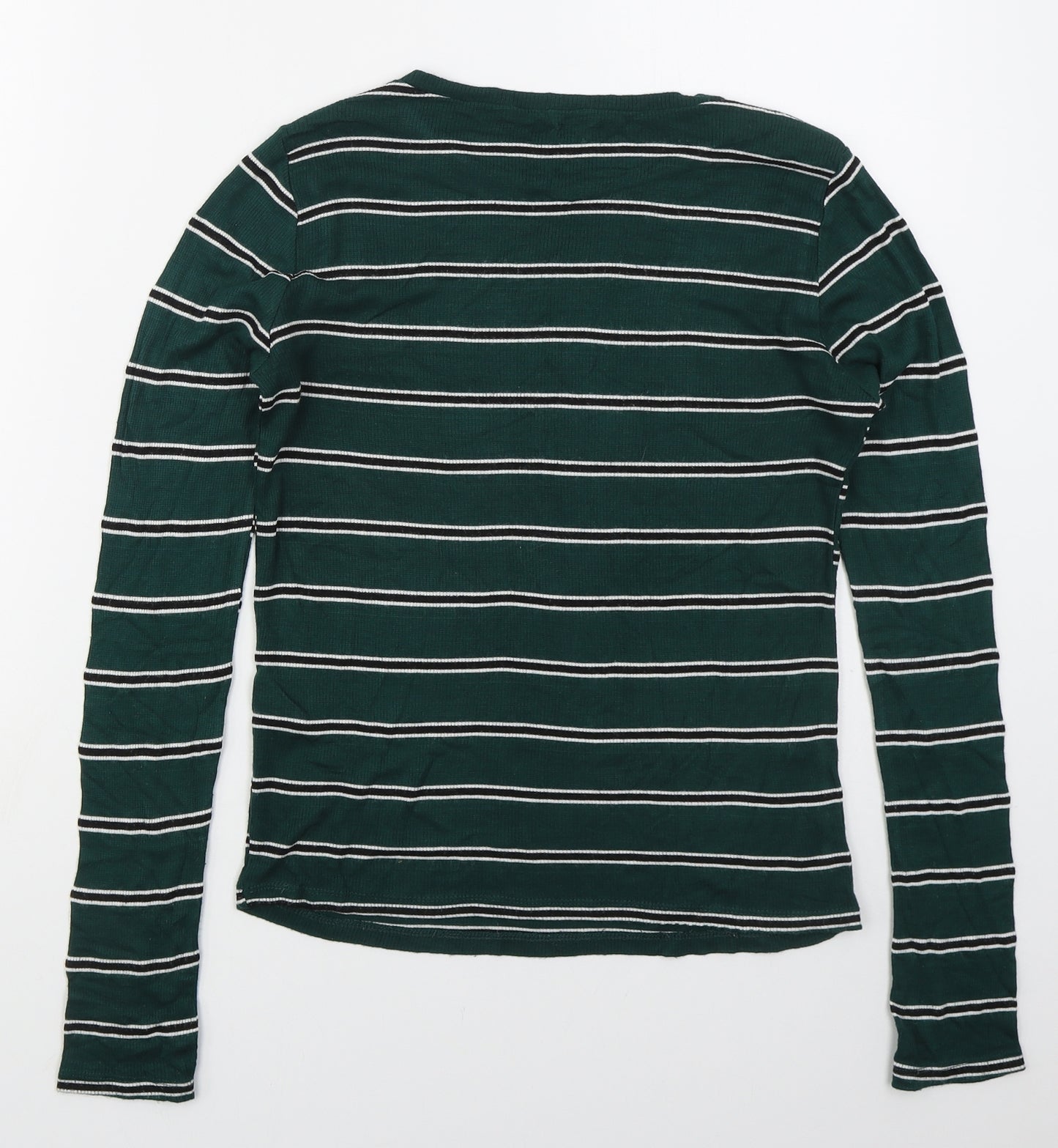 New Look Womens Green Striped Viscose Basic T-Shirt Size 14 Crew Neck
