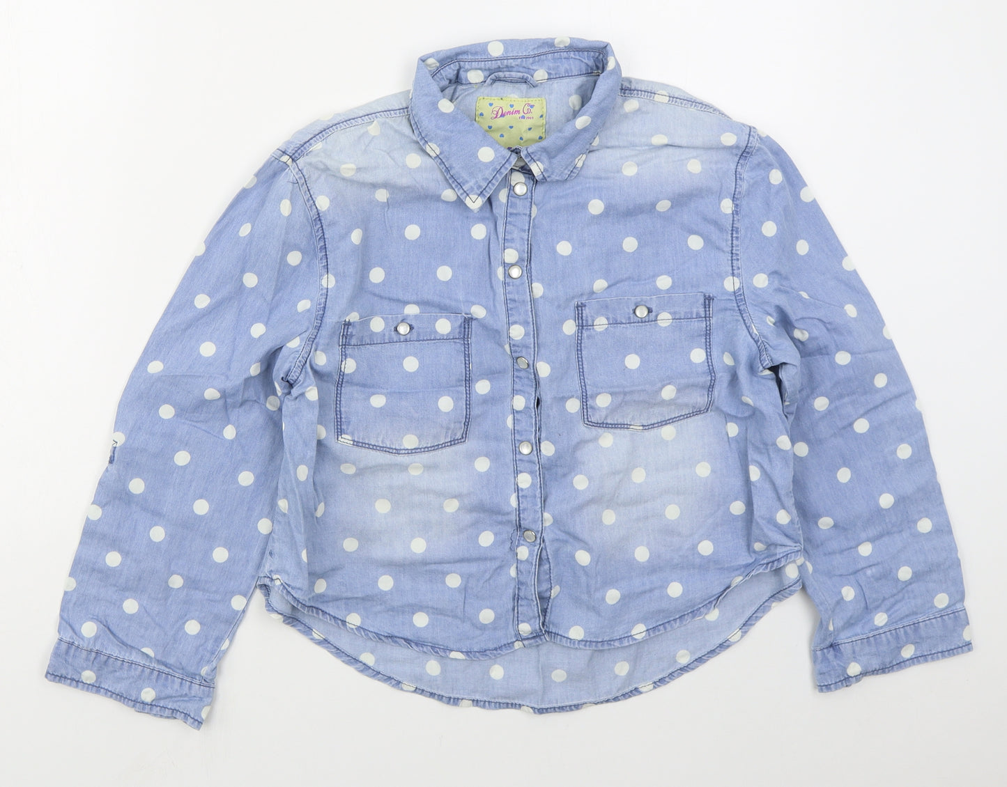 Denim Co Womens Blue Polka Dot Cotton Basic Button-Up Size 12 Collared