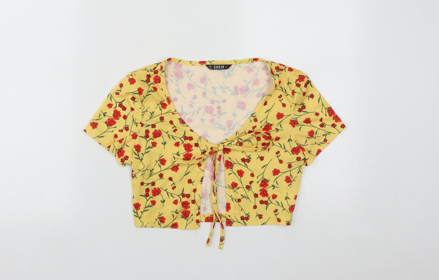 SheIn Womens Yellow Floral Polyester Basic Blouse Size S Round Neck