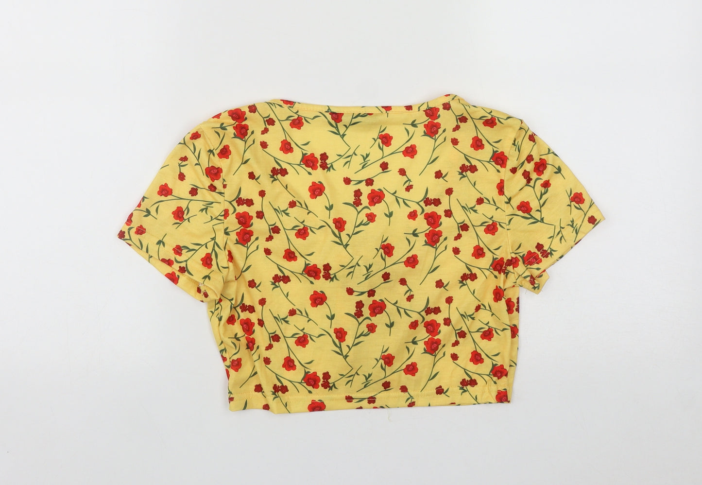 SheIn Womens Yellow Floral Polyester Basic Blouse Size S Round Neck