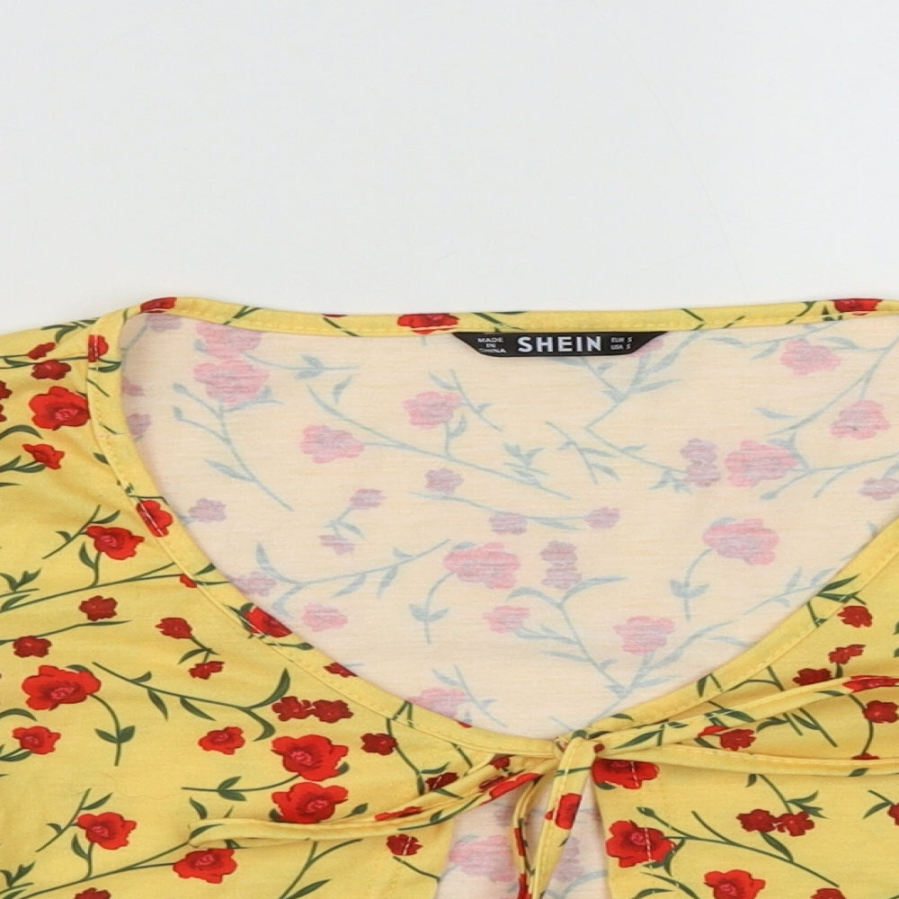 SheIn Womens Yellow Floral Polyester Basic Blouse Size S Round Neck