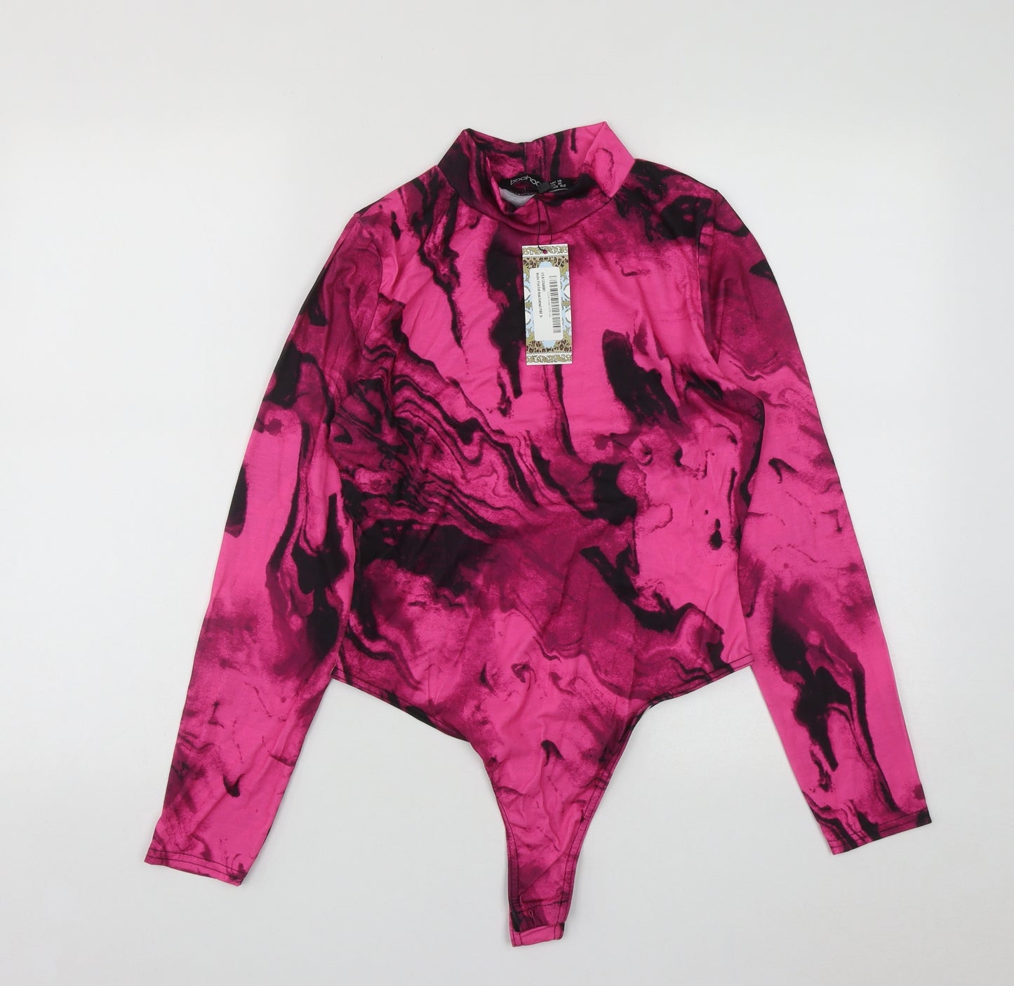 Boohoo Womens Pink Geometric Polyester Bodysuit One-Piece Size 14  Snap