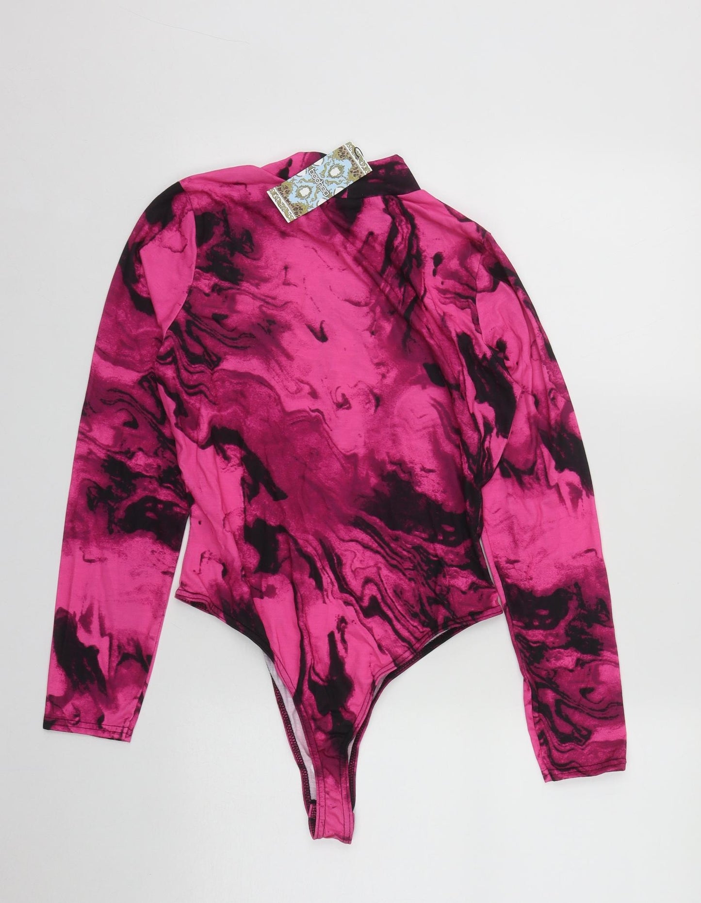Boohoo Womens Pink Geometric Polyester Bodysuit One-Piece Size 14  Snap