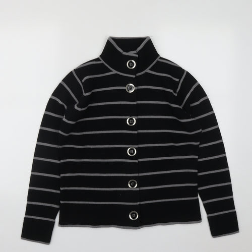 EWM Womens Black High Neck Striped Acrylic Cardigan Jumper Size M