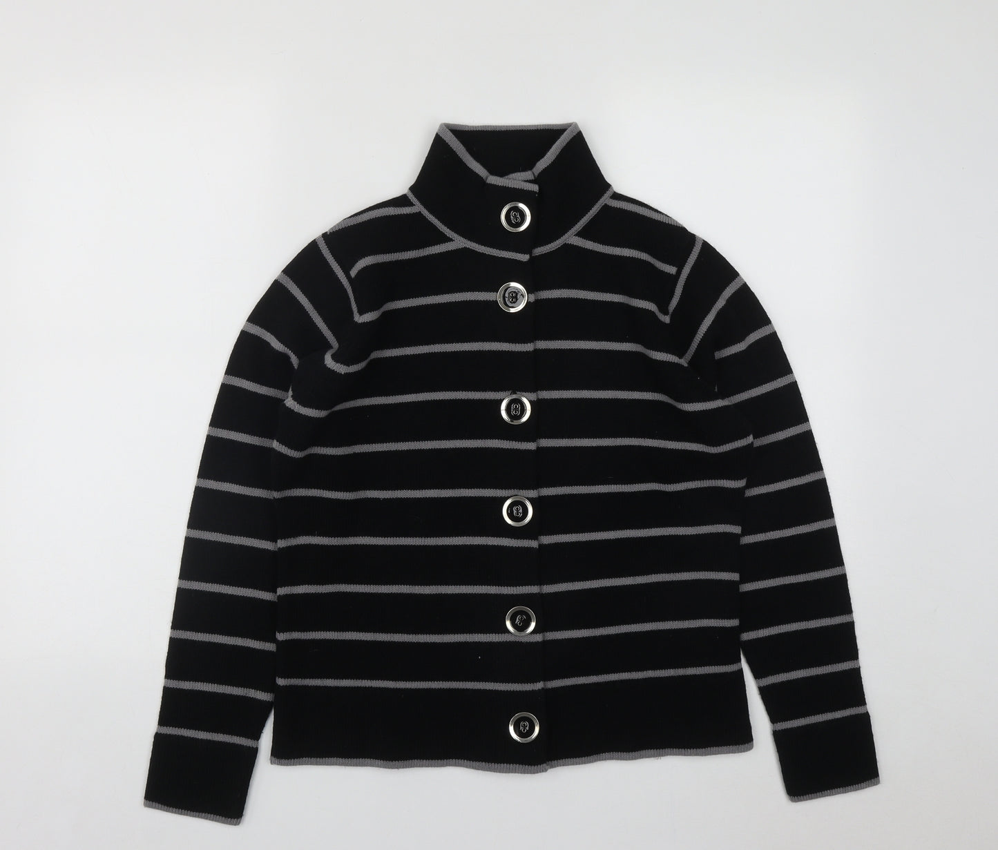 EWM Womens Black High Neck Striped Acrylic Cardigan Jumper Size M