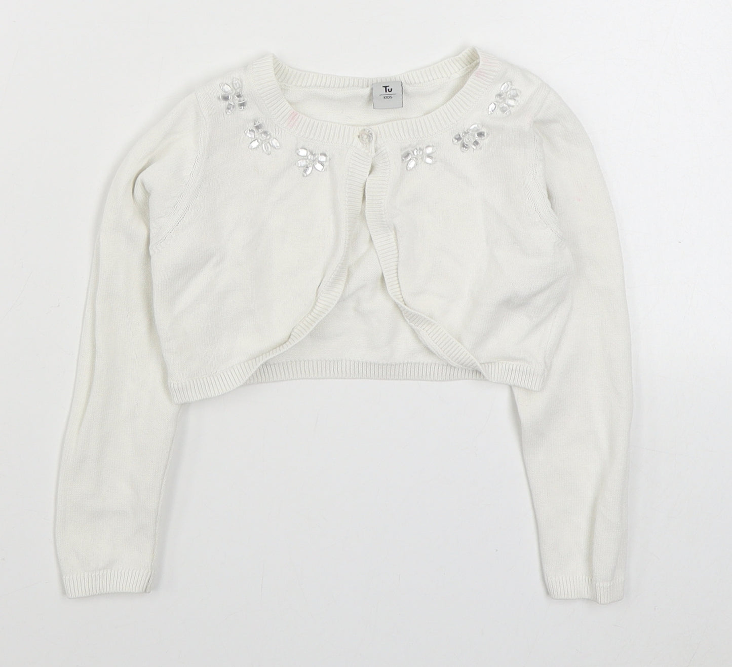 TU Girls White Boat Neck  100% Cotton Cardigan Jumper Size 4 Years  Button