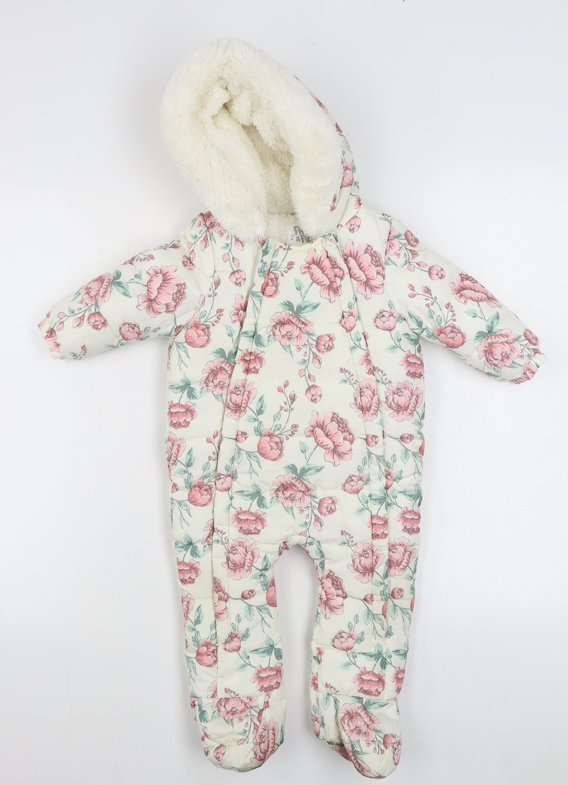 F&F Girls White Floral  Parka Snowsuit Size 9-12 Months   Zip