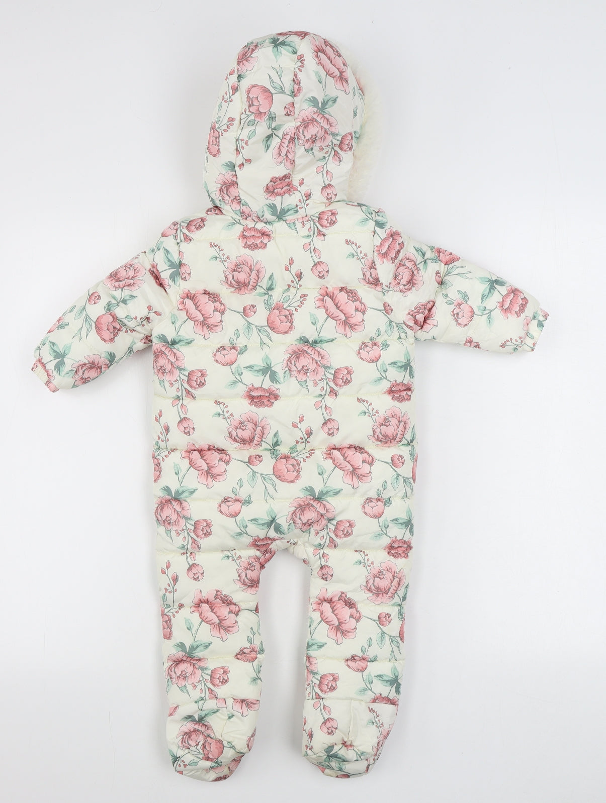 F&F Girls White Floral  Parka Snowsuit Size 9-12 Months   Zip