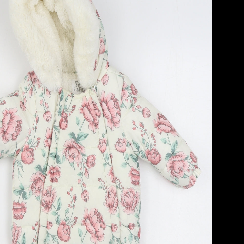 F&F Girls White Floral  Parka Snowsuit Size 9-12 Months   Zip