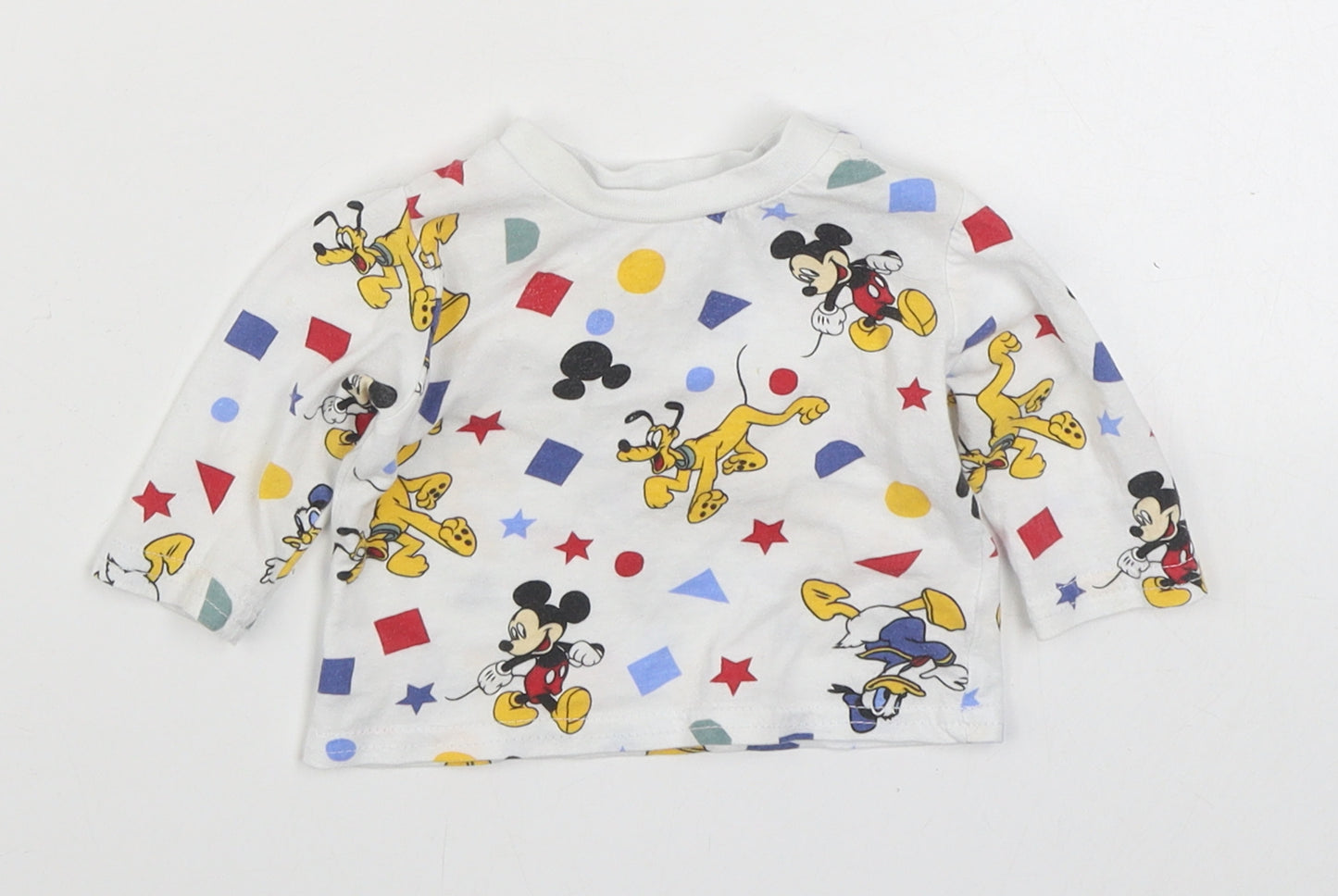 Prinark  White Geometric 100% Cotton Basic T-Shirt Size 0-3 Months Round Neck Button - Mickey & Friends
