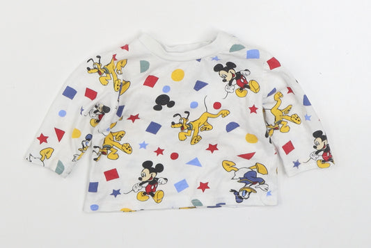 Front view of Prinark White Geometric 100% Cotton Basic T-Shirt, size 0-3, Months Round Neck Button - Mickey & Friends