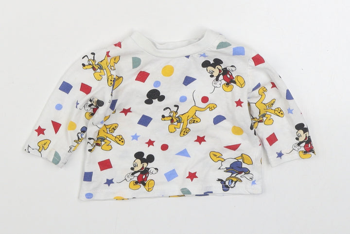 Prinark  White Geometric 100% Cotton Basic T-Shirt Size 0-3 Months Round Neck Button - Mickey & Friends