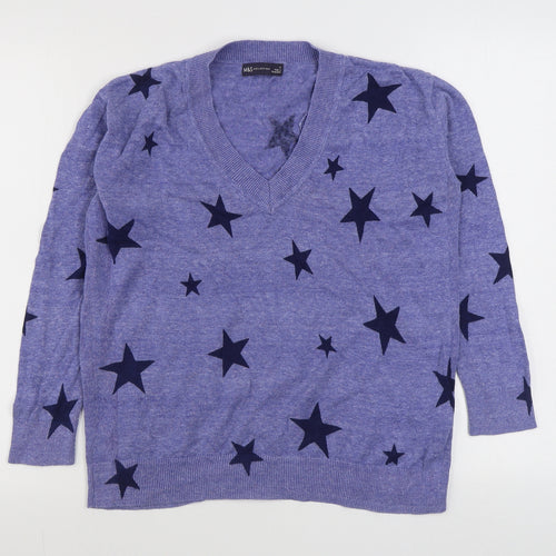 Marks and Spencer Womens Blue V-Neck Geometric 100% Cotton Pullover Jumper Size S