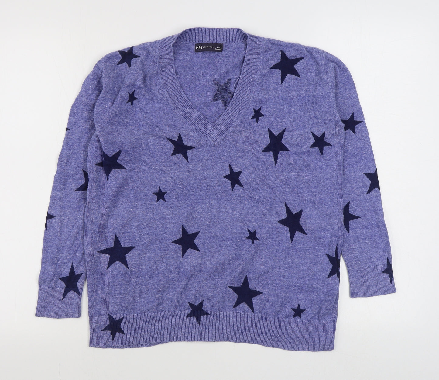 Marks and Spencer Womens Blue V-Neck Geometric 100% Cotton Pullover Jumper Size S
