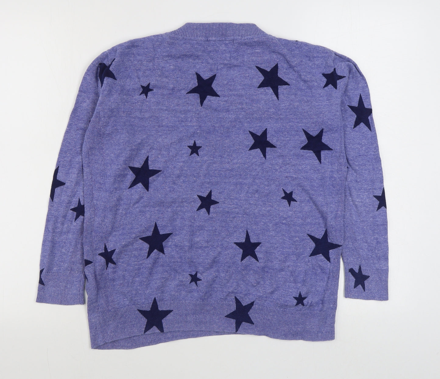 Marks and Spencer Womens Blue V-Neck Geometric 100% Cotton Pullover Jumper Size S