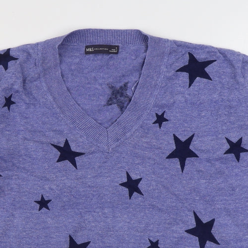 Marks and Spencer Womens Blue V-Neck Geometric 100% Cotton Pullover Jumper Size S