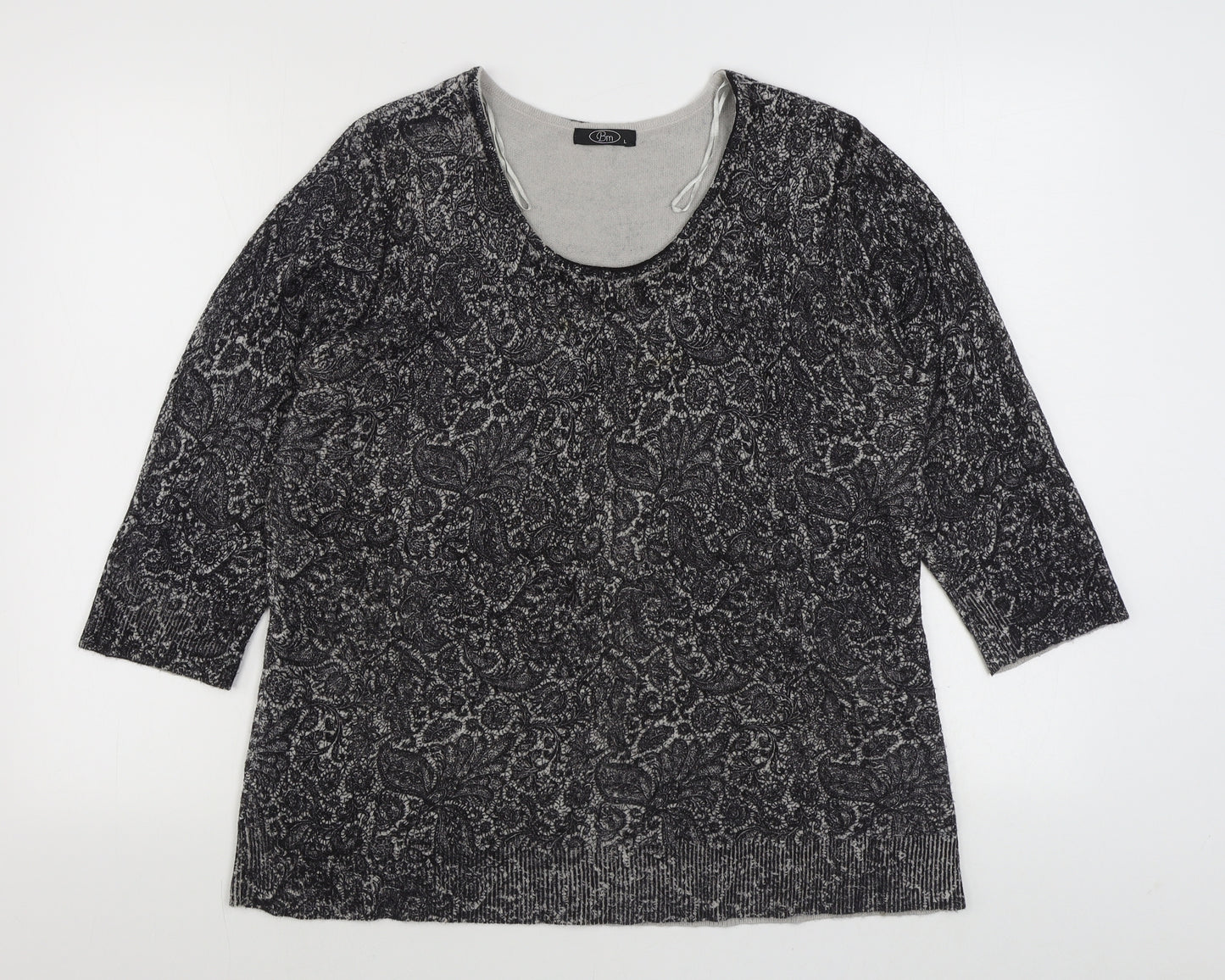 BM Womens Grey Scoop Neck Paisley Acrylic Pullover Jumper Size L