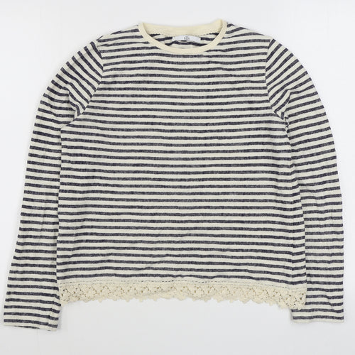 Marks and Spencer Girls Blue Round Neck Striped Cotton Pullover Jumper Size 13-14 Years  Pullover