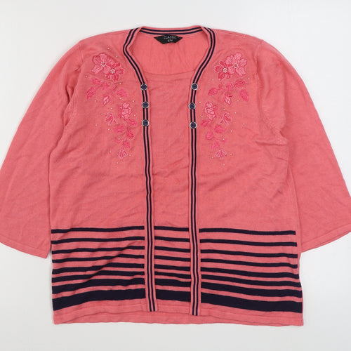Classics Womens Pink Round Neck Striped Acrylic Pullover Jumper Size S