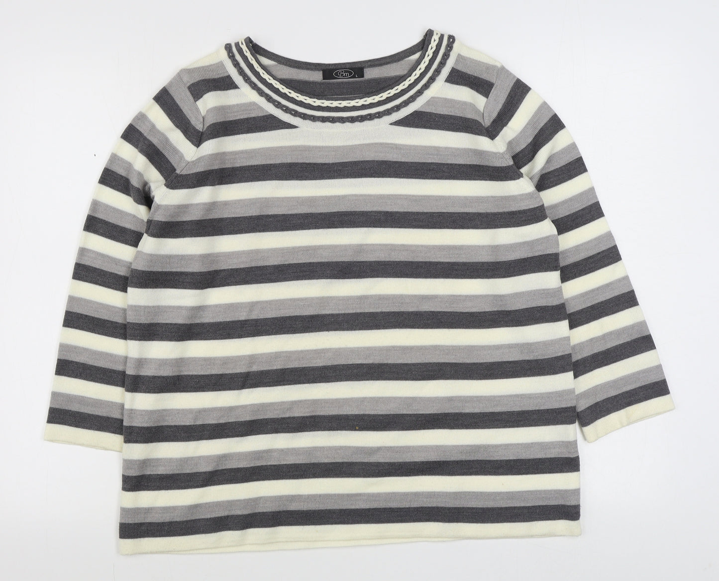 BM Womens Grey Round Neck Striped Acrylic Pullover Jumper Size L