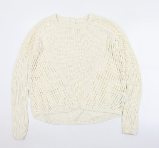 Front view of H&M women’s ivory crew neck acrylic jumper, size S