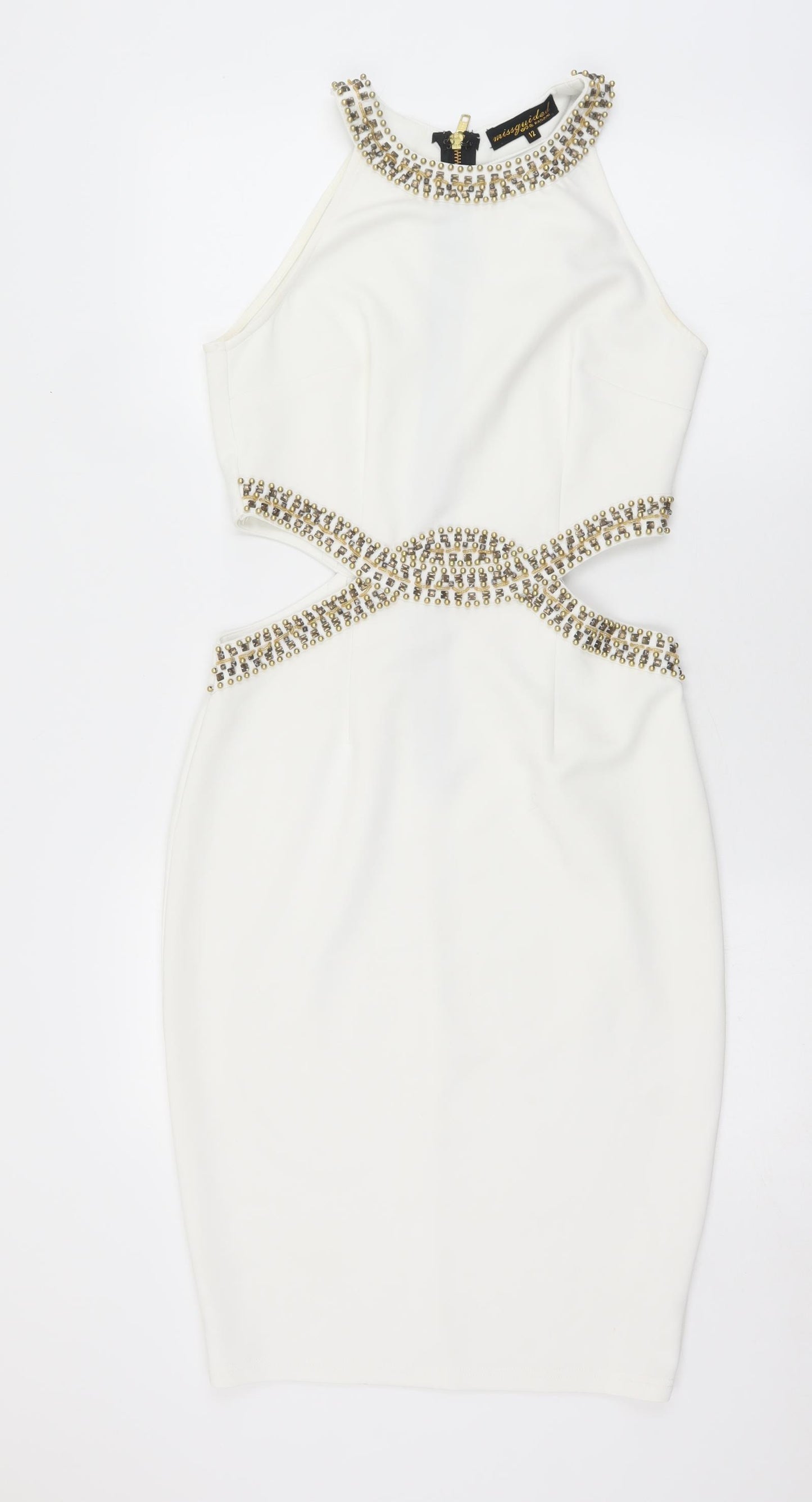 Missguided Womens White  Polyester Pencil Dress  Size 12  Round Neck Zip