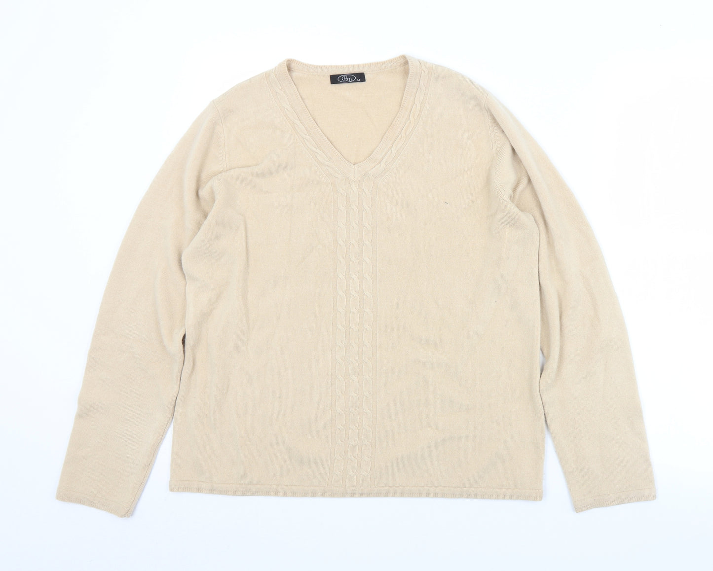 BM Womens Beige V-Neck  Acrylic Pullover Jumper Size M