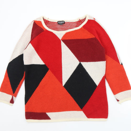Cashel Womens Red Round Neck Geometric Acrylic Pullover Jumper Size M