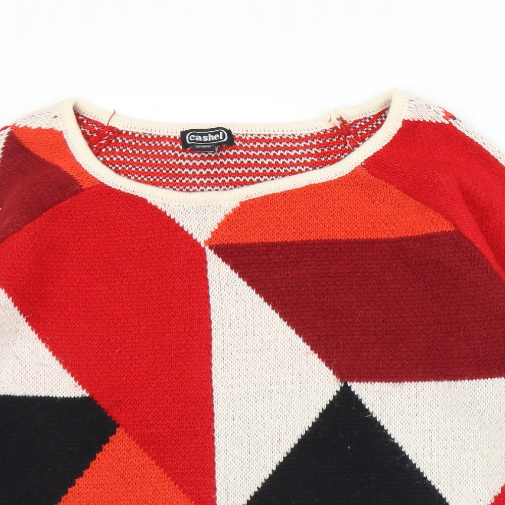 Cashel Womens Red Round Neck Geometric Acrylic Pullover Jumper Size M