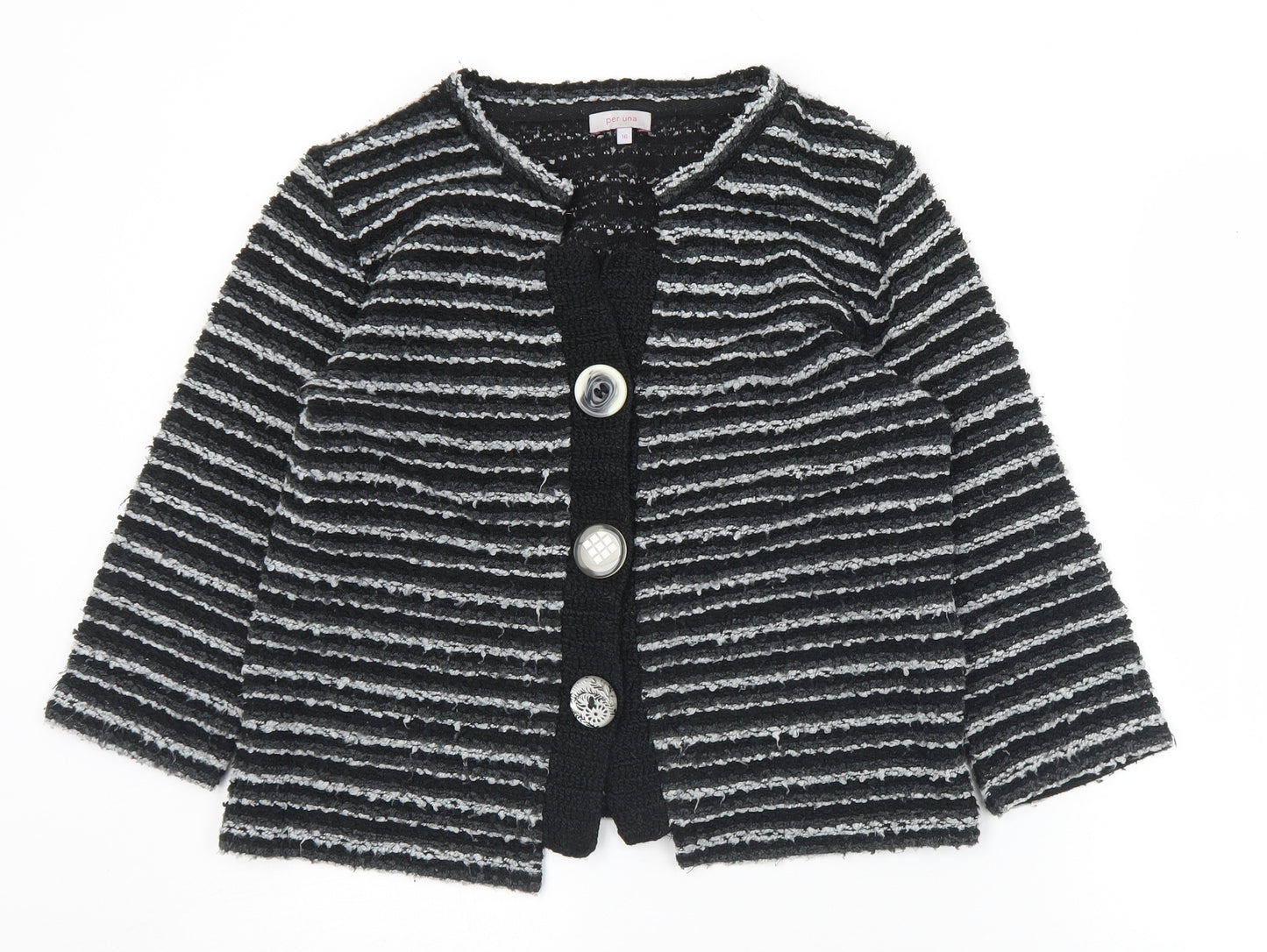 Marks and Spencer Womens Black Round Neck Striped Acrylic Cardigan Jumper Size 16