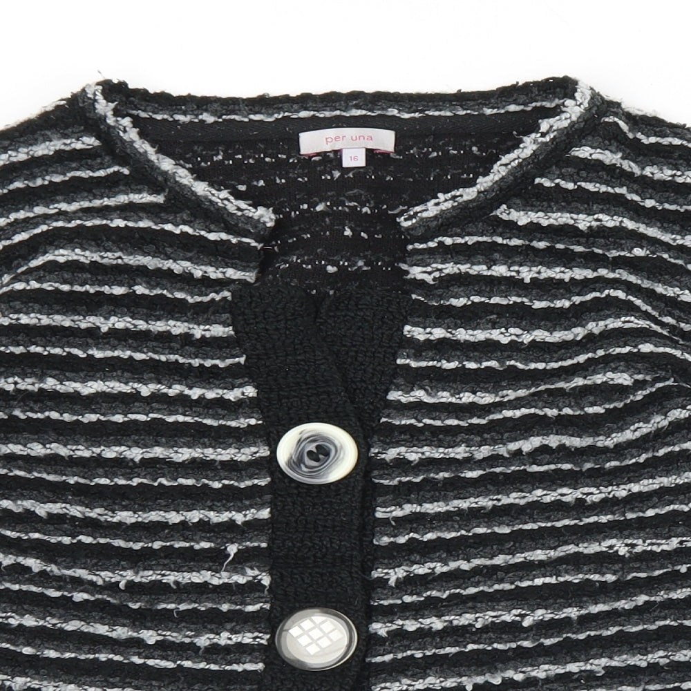 Marks and Spencer Womens Black Round Neck Striped Acrylic Cardigan Jumper Size 16