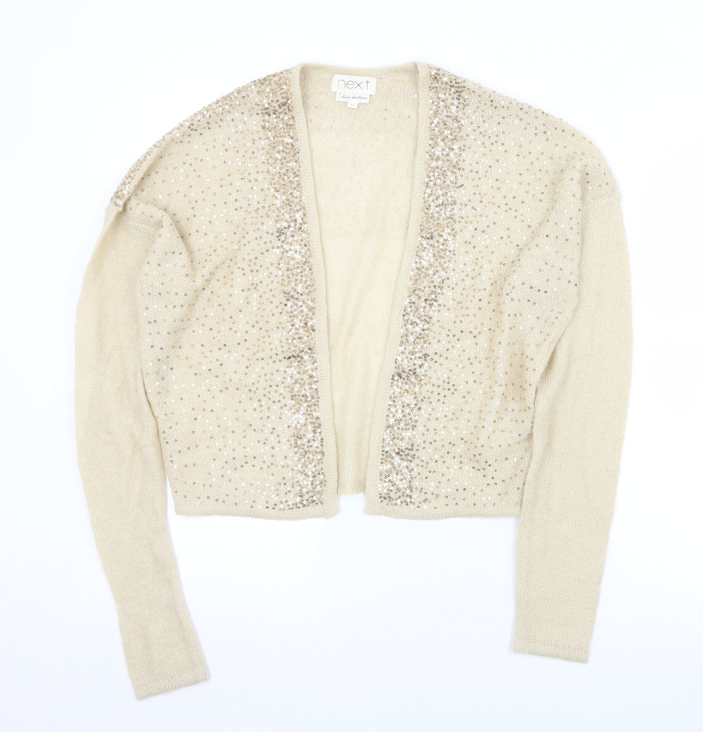 NEXT Womens Beige Collared  Acrylic Cardigan Jumper Size 14   - Sequin detail