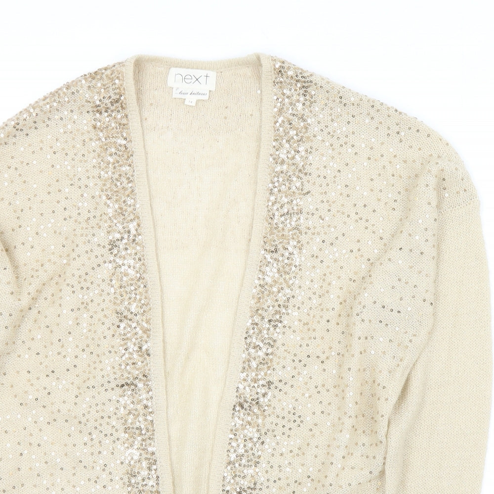 NEXT Womens Beige Collared  Acrylic Cardigan Jumper Size 14   - Sequin detail