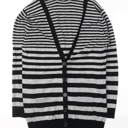 AMARANTO Womens Black V-Neck Striped Viscose Cardigan Jumper Size 16