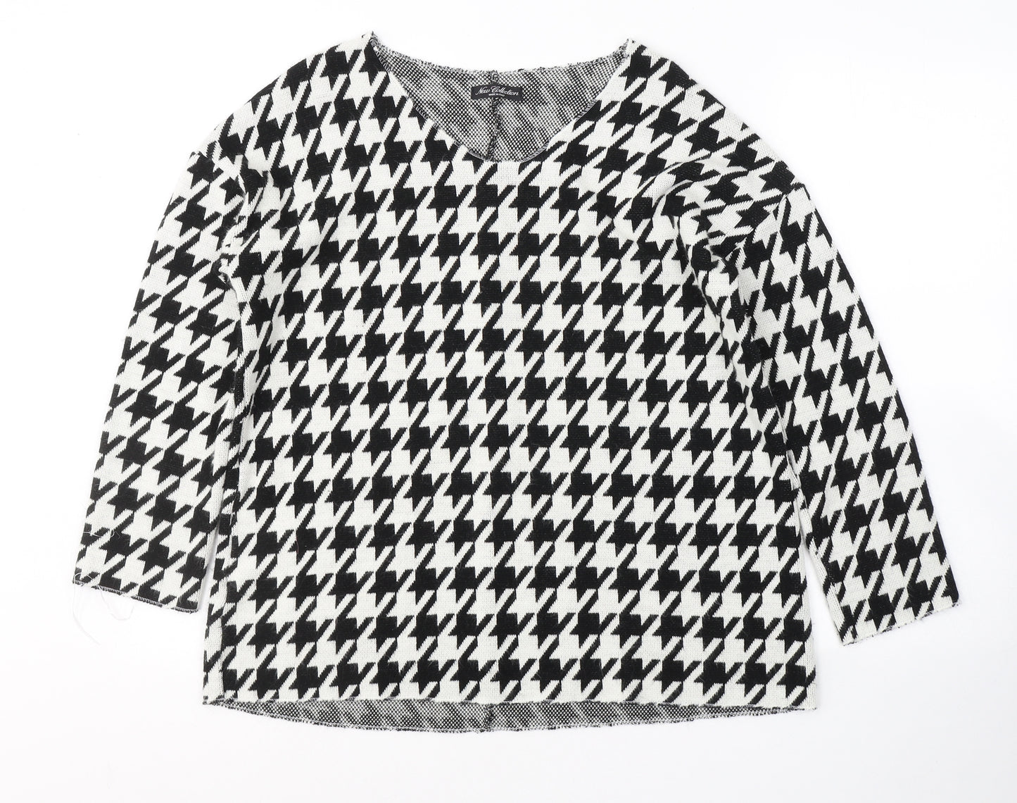 New Collection Womens White Houndstooth Acrylic Basic Blouse Size M Round Neck