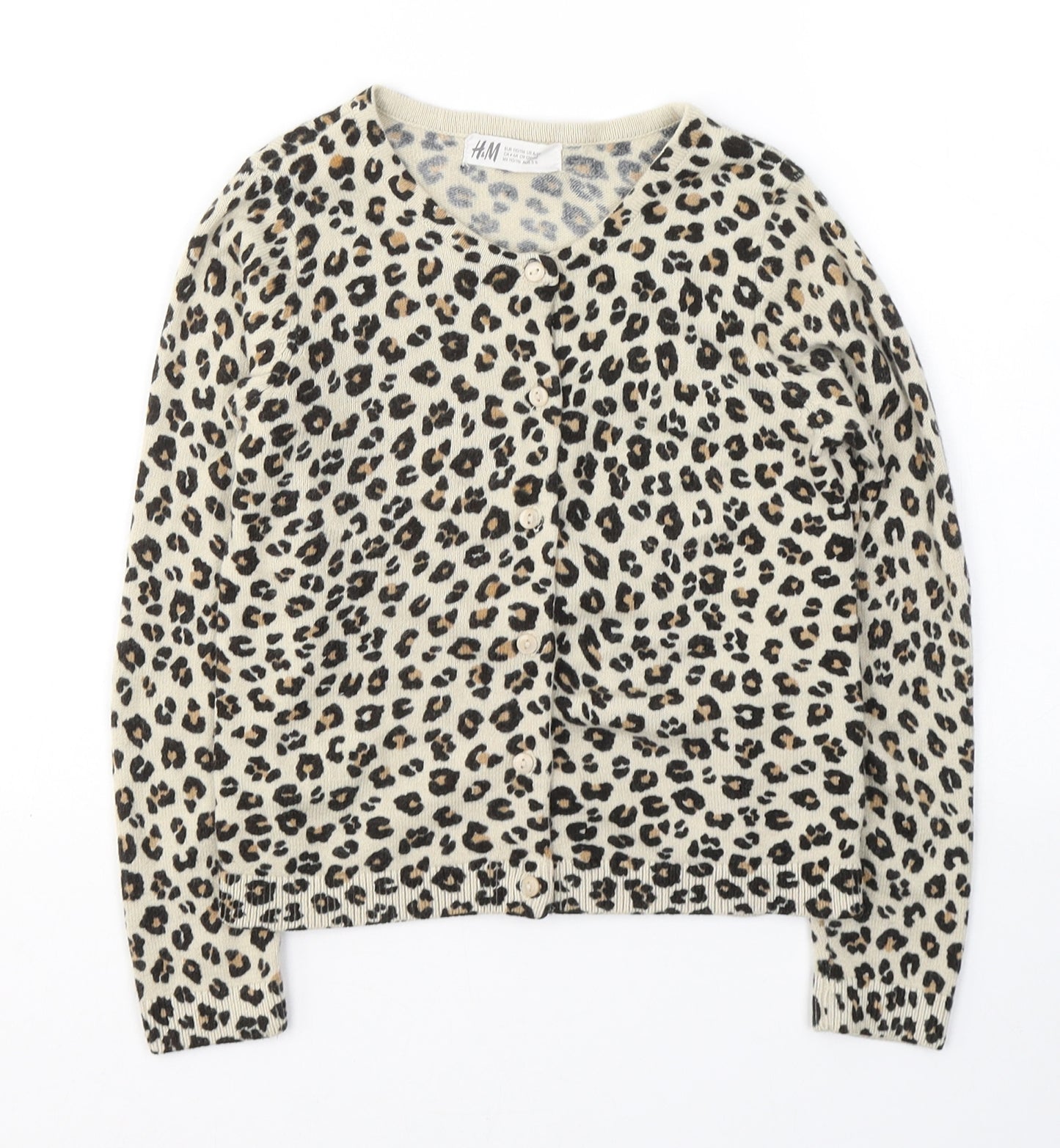H&M Girls Beige Round Neck Animal Print Cotton Cardigan Jumper Size 5-6 Years  Button