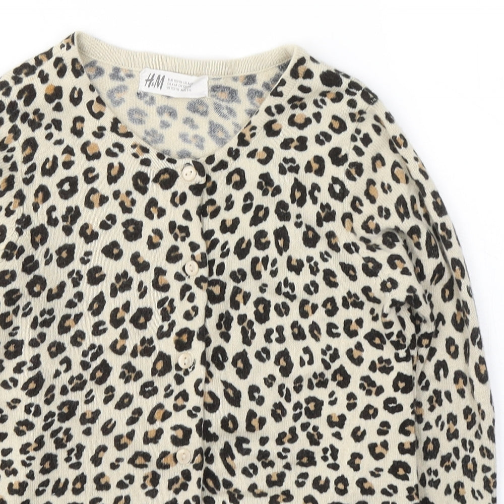 H&M Girls Beige Round Neck Animal Print Cotton Cardigan Jumper Size 5-6 Years  Button