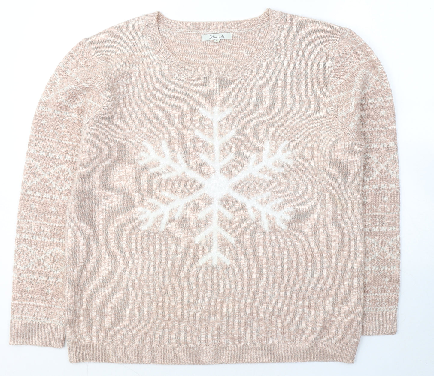 Peacocks Womens Pink Round Neck  Acrylic Pullover Jumper Size L   - Snowflake