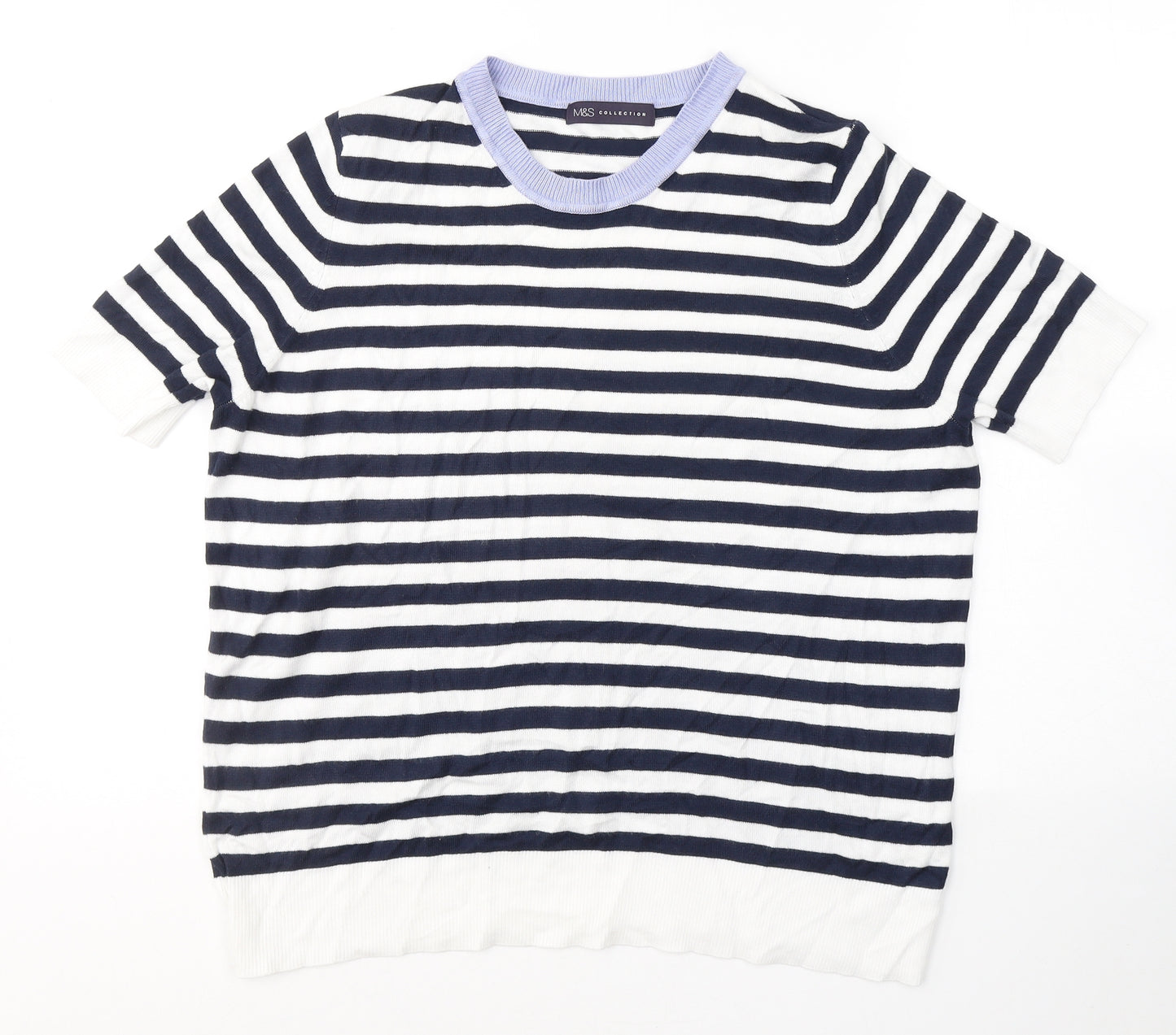 Marks and Spencer Womens White Striped Viscose Basic T-Shirt Size 16 Round Neck