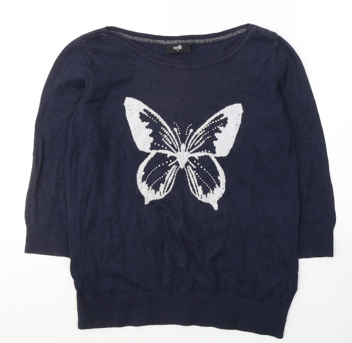 Wallis Womens Blue  Viscose Basic Blouse Size M Round Neck - butterfly