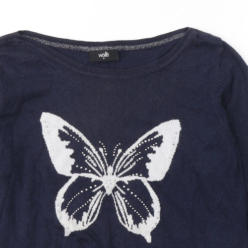 Wallis Womens Blue  Viscose Basic Blouse Size M Round Neck - butterfly
