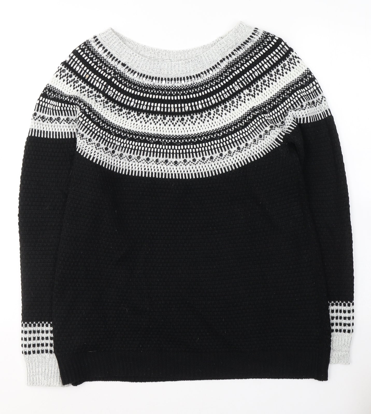 NEXT Womens Black Round Neck Fair Isle Acrylic Pullover Jumper Size 12